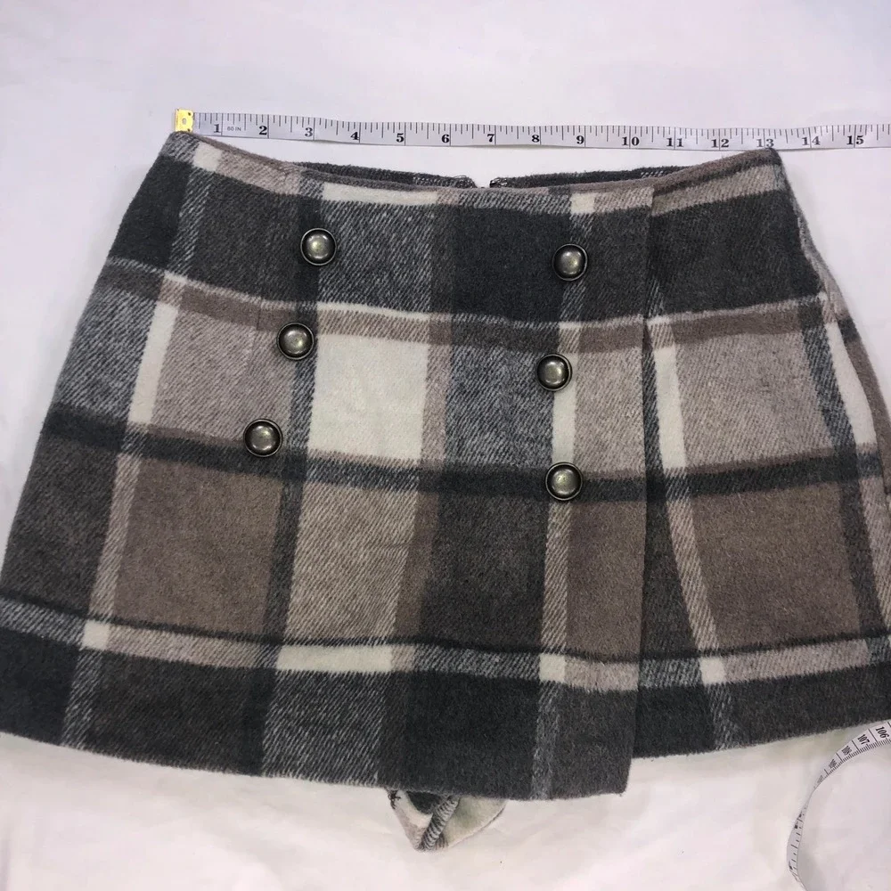 Forever 21 Plaid Wool Blend Skort Grey Brown Button Front Mini Skirt Shorts S - Picture 4 of 10